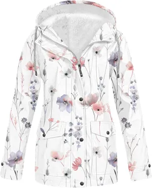Fleece Linen Raincoats for Women Floral Waterproof Rain Jackets Warm Outdoor Windbreaker Fuzzy Rain Cotas for Winter