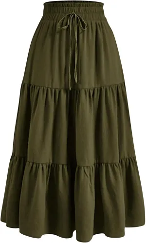 Floral Maxi Skirts for Women Ditsy Floral Tiered Flowy Long Skirt Boho Drawstring High Waisted Aline Ruffle Skirt