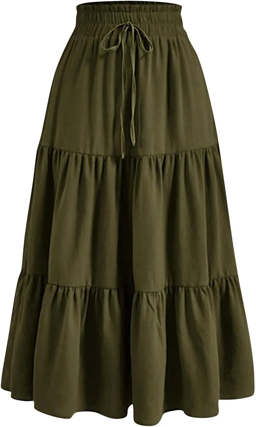 Floral Maxi Skirts for Women Ditsy Floral Tiered Flowy Long Skirt Boho Drawstring High Waisted Aline Ruffle Skirt