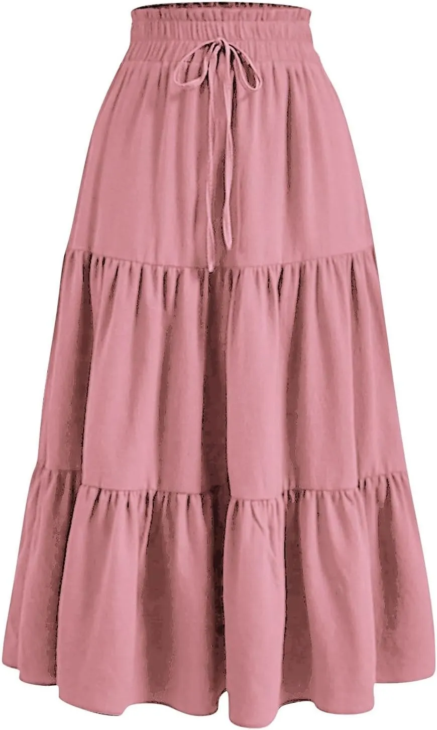 Floral Maxi Skirts for Women Ditsy Floral Tiered Flowy Long Skirt Boho Drawstring High Waisted Aline Ruffle Skirt