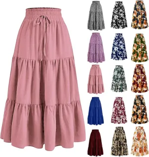 Floral Maxi Skirts for Women Ditsy Floral Tiered Flowy Long Skirt Boho Drawstring High Waisted Aline Ruffle Skirt