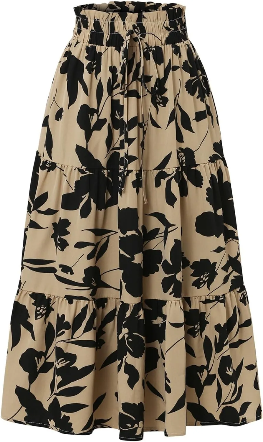 Floral Maxi Skirts for Women High Waisted Ankle Length Flared Skirt Drawstring Casual Boho Flowy A-Line Skirts