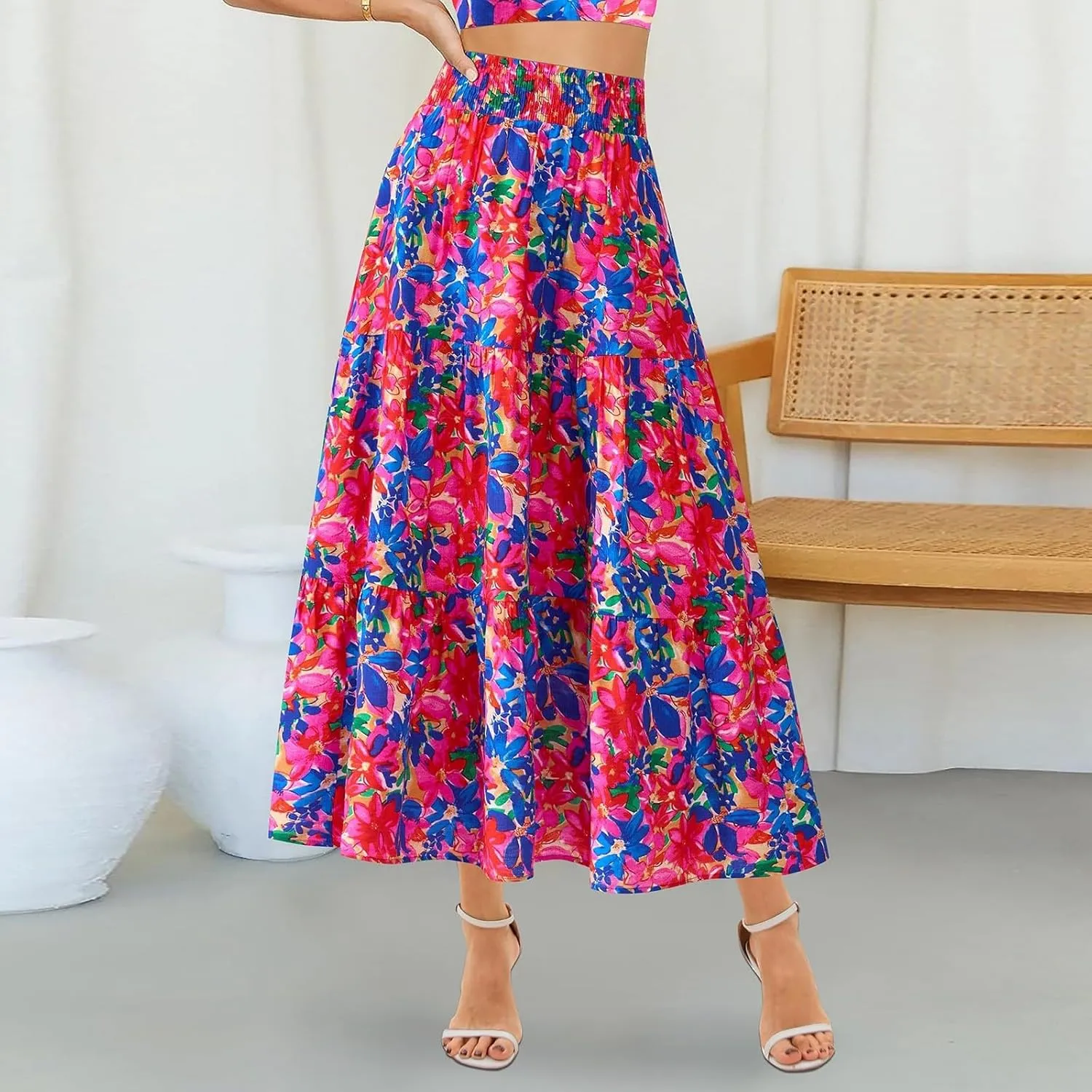 Floral Maxi Skirts for Women Trendy High Waisted Tiered Flowy Boho Long Skirt Cute Ruffle Pleated Beach A Line Skirt
