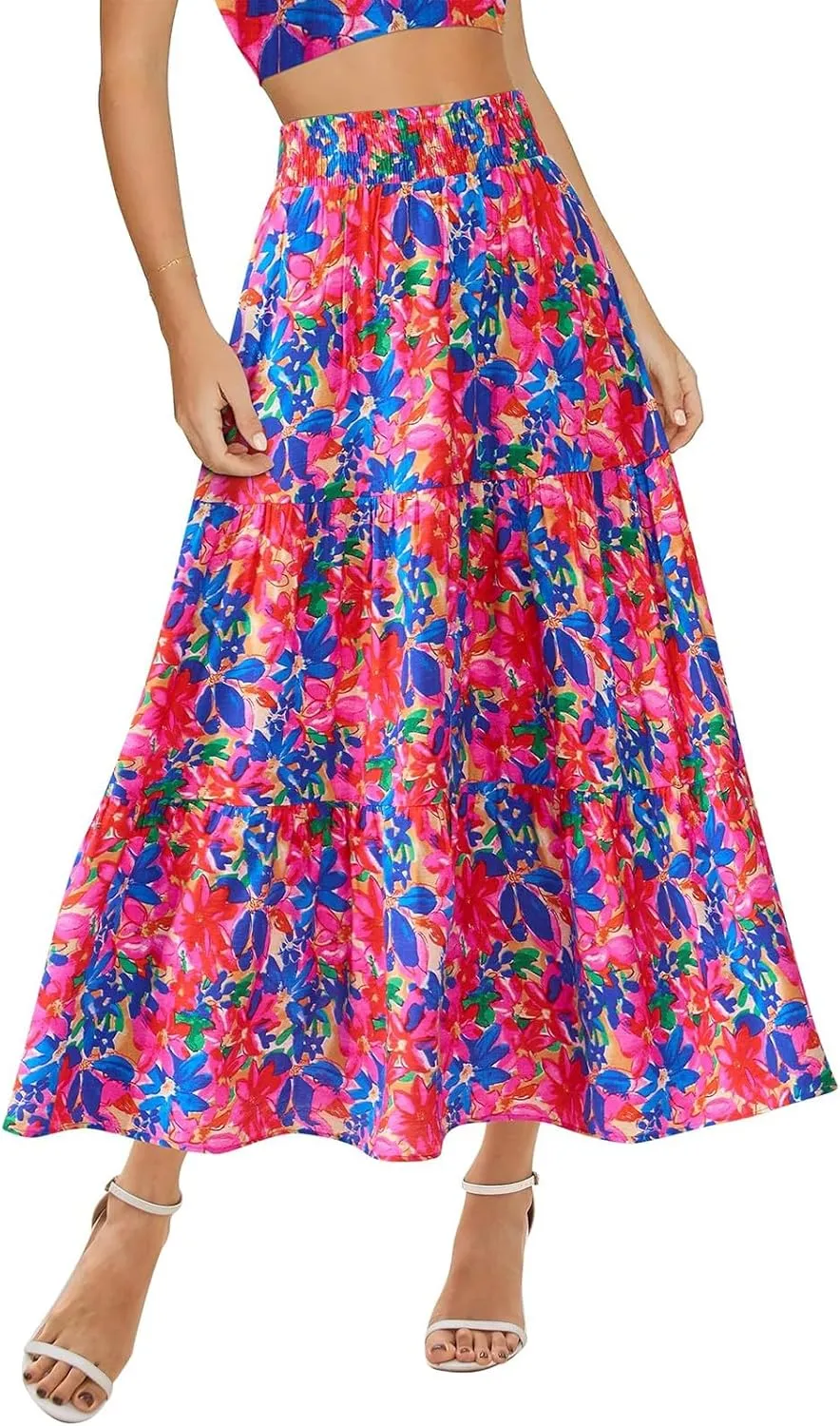 Floral Maxi Skirts for Women Trendy High Waisted Tiered Flowy Boho Long Skirt Cute Ruffle Pleated Beach A Line Skirt