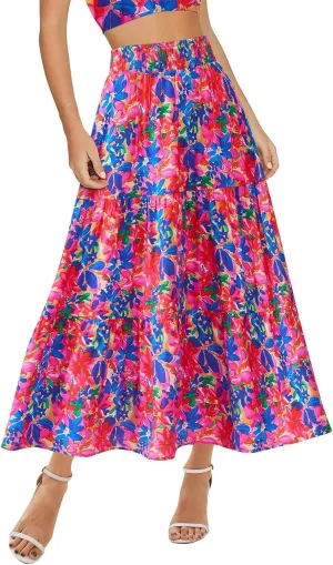 Floral Maxi Skirts for Women Trendy High Waisted Tiered Flowy Boho Long Skirt Cute Ruffle Pleated Beach A Line Skirt