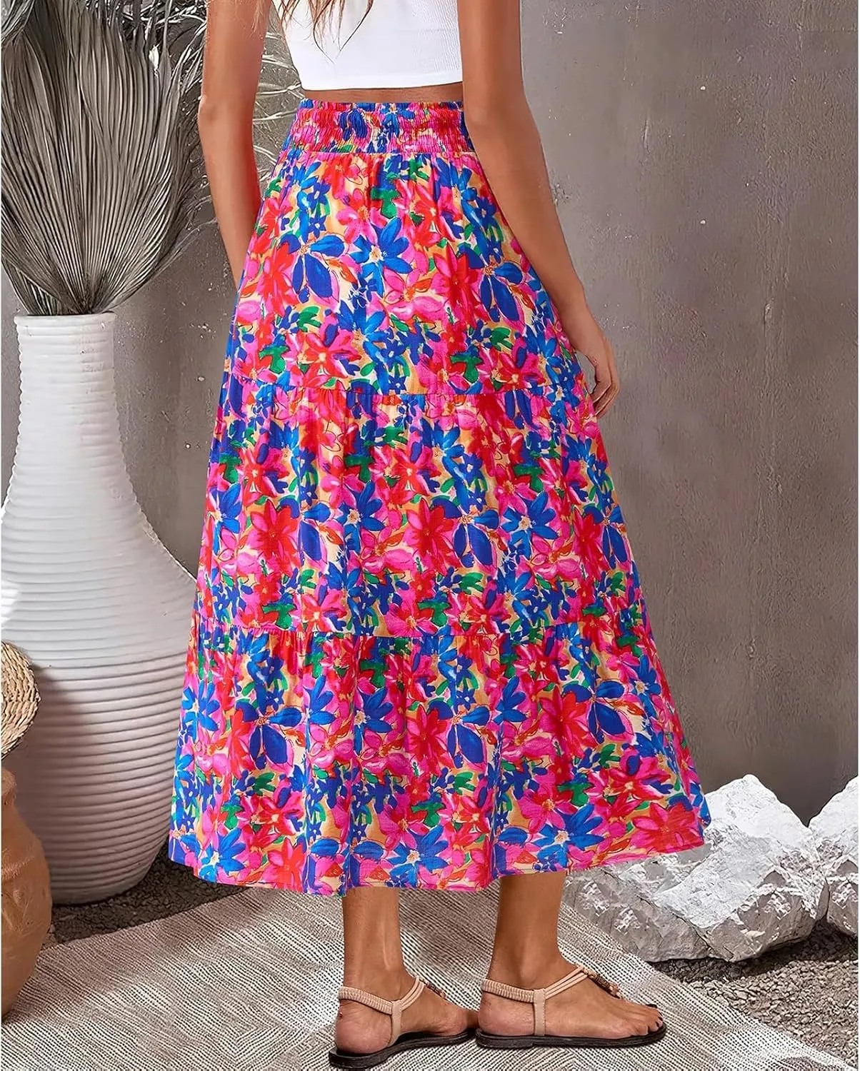 Floral Maxi Skirts for Women Trendy High Waisted Tiered Flowy Boho Long Skirt Cute Ruffle Pleated Beach A Line Skirt