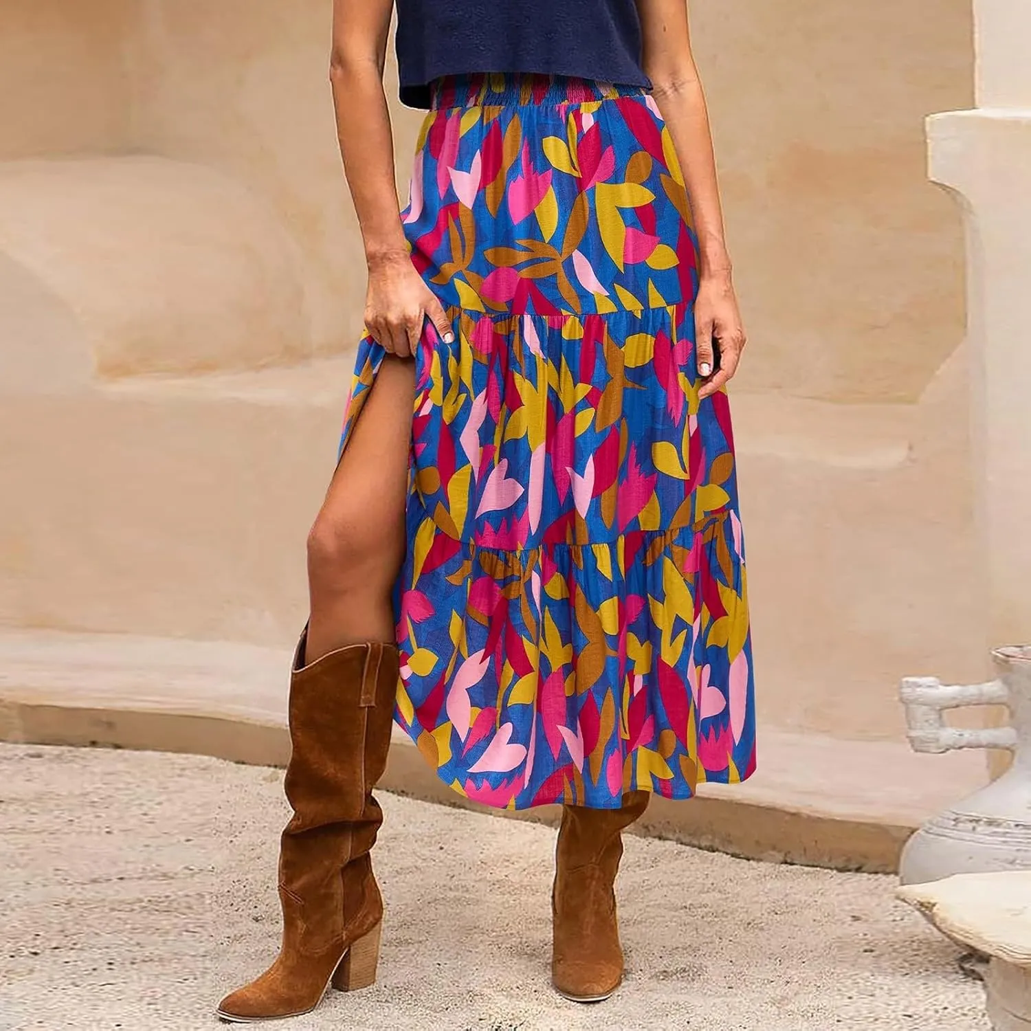 Floral Maxi Skirts for Women Trendy High Waisted Tiered Flowy Boho Long Skirt Cute Ruffle Pleated Beach A Line Skirt
