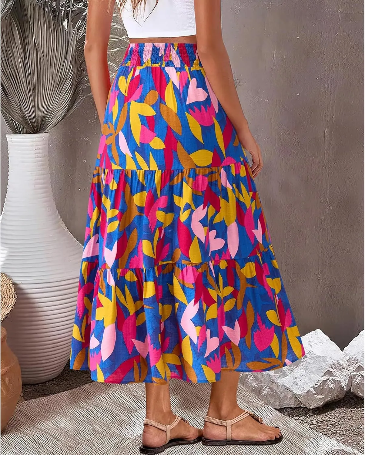 Floral Maxi Skirts for Women Trendy High Waisted Tiered Flowy Boho Long Skirt Cute Ruffle Pleated Beach A Line Skirt