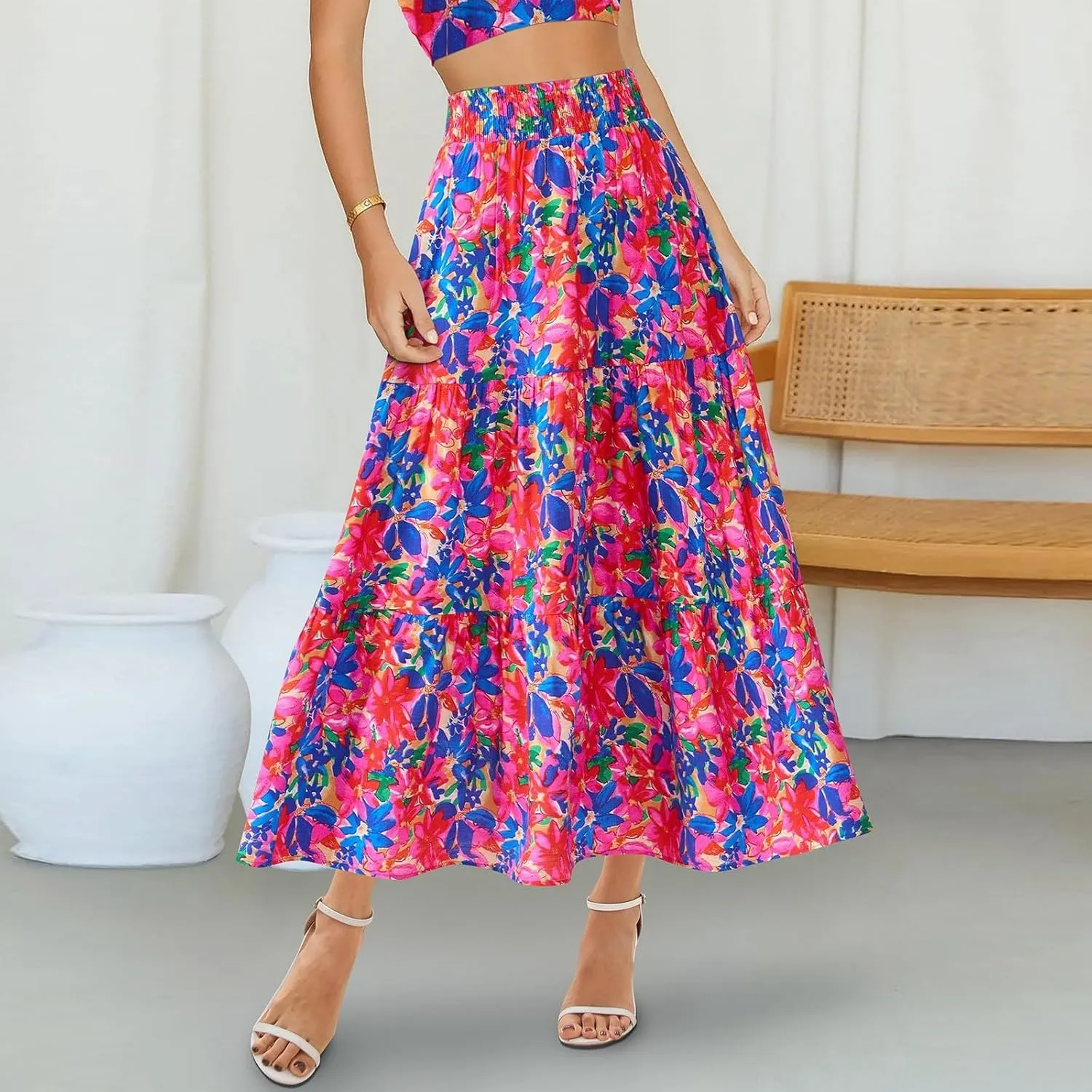 Floral Maxi Skirts for Women Trendy High Waisted Tiered Flowy Boho Long Skirt Cute Ruffle Pleated Beach A Line Skirt