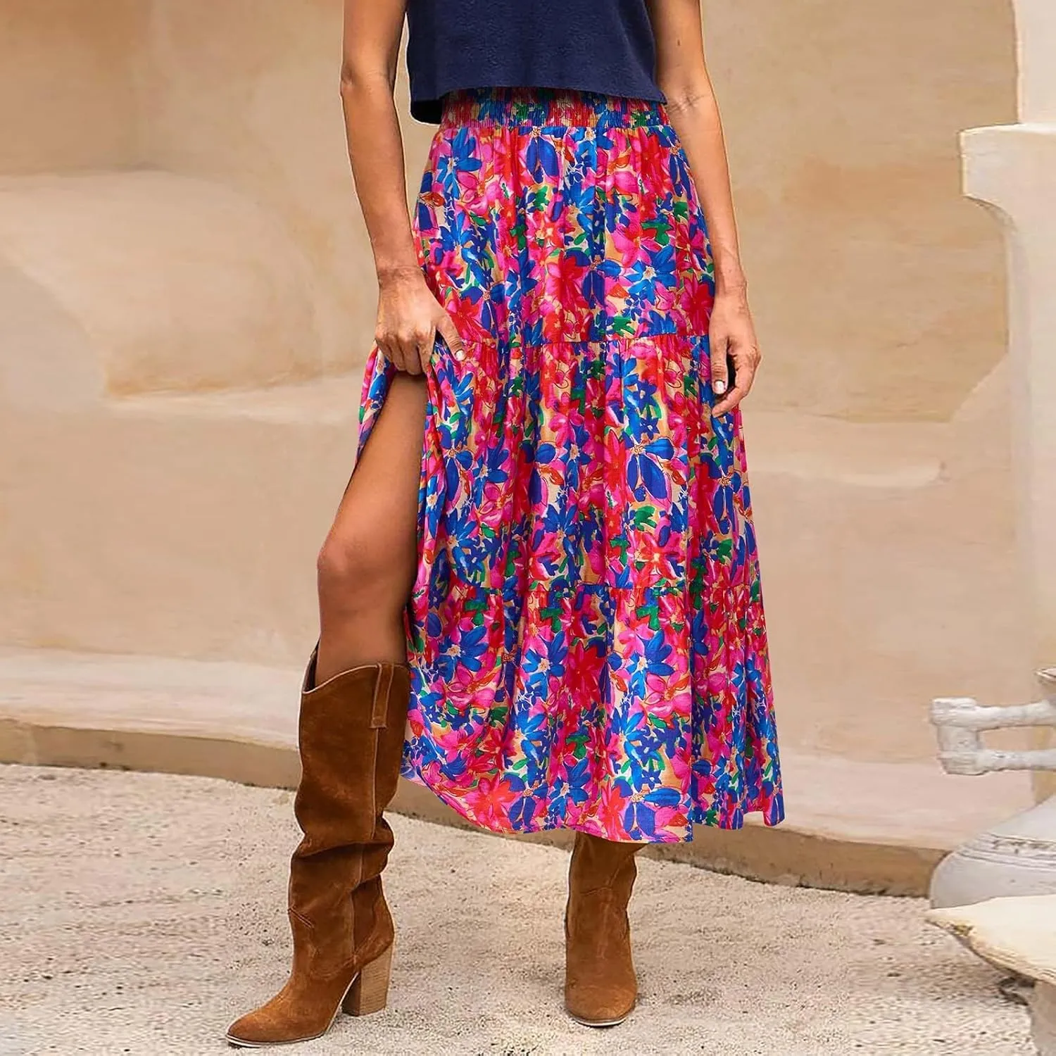 Floral Maxi Skirts for Women Trendy High Waisted Tiered Flowy Boho Long Skirt Cute Ruffle Pleated Beach A Line Skirt