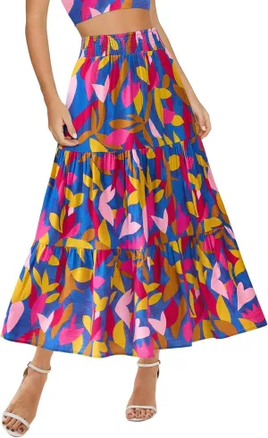 Floral Maxi Skirts for Women Trendy High Waisted Tiered Flowy Boho Long Skirt Cute Ruffle Pleated Beach A Line Skirt