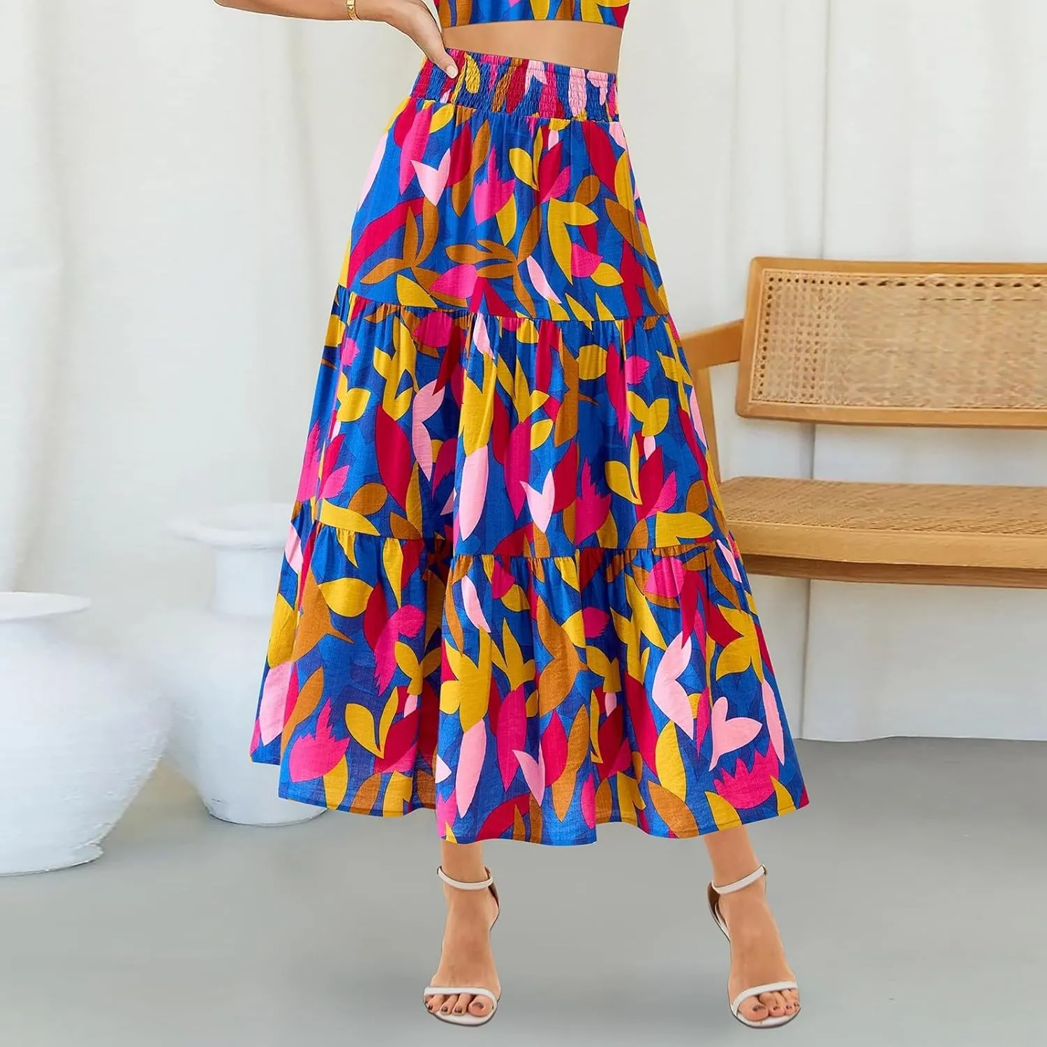 Floral Maxi Skirts for Women Trendy High Waisted Tiered Flowy Boho Long Skirt Cute Ruffle Pleated Beach A Line Skirt