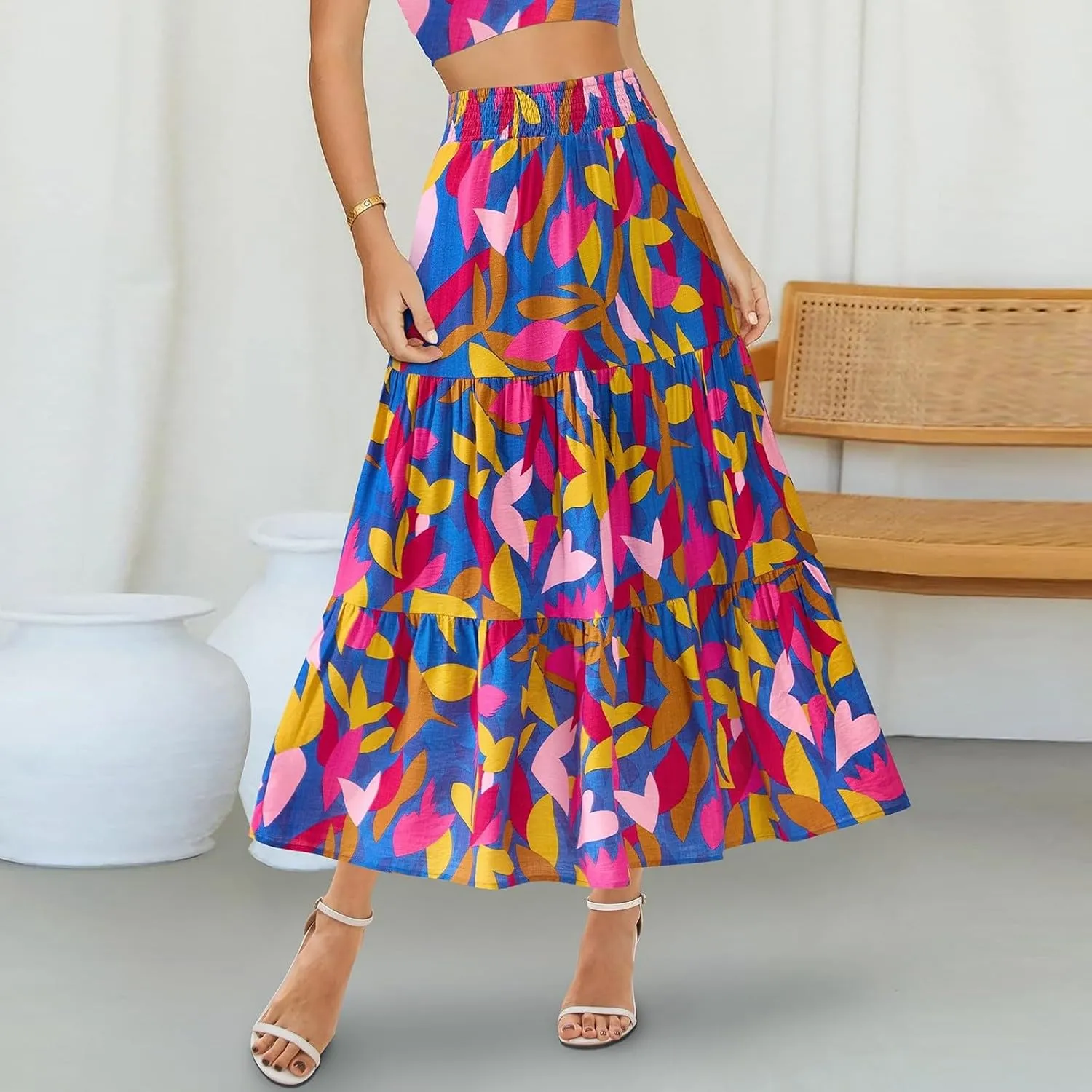Floral Maxi Skirts for Women Trendy High Waisted Tiered Flowy Boho Long Skirt Cute Ruffle Pleated Beach A Line Skirt