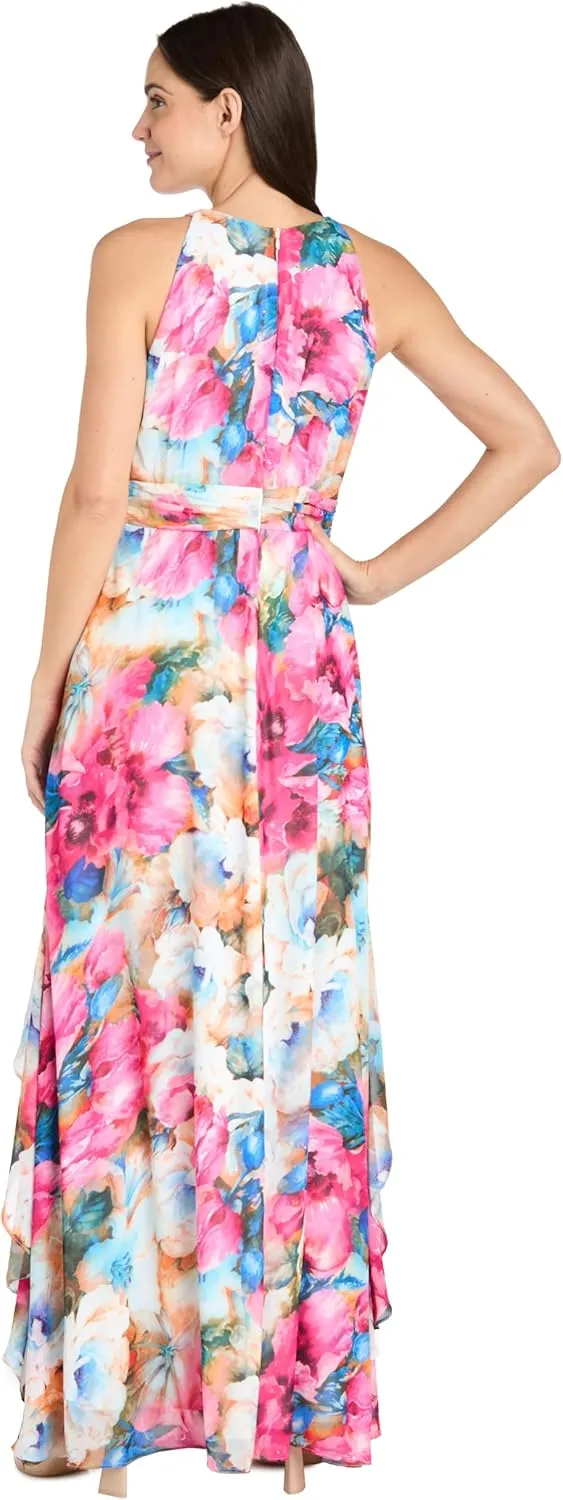 Flowing Watercolor Floral Halter Maxi Dress W/Tiered Ruffle Hem