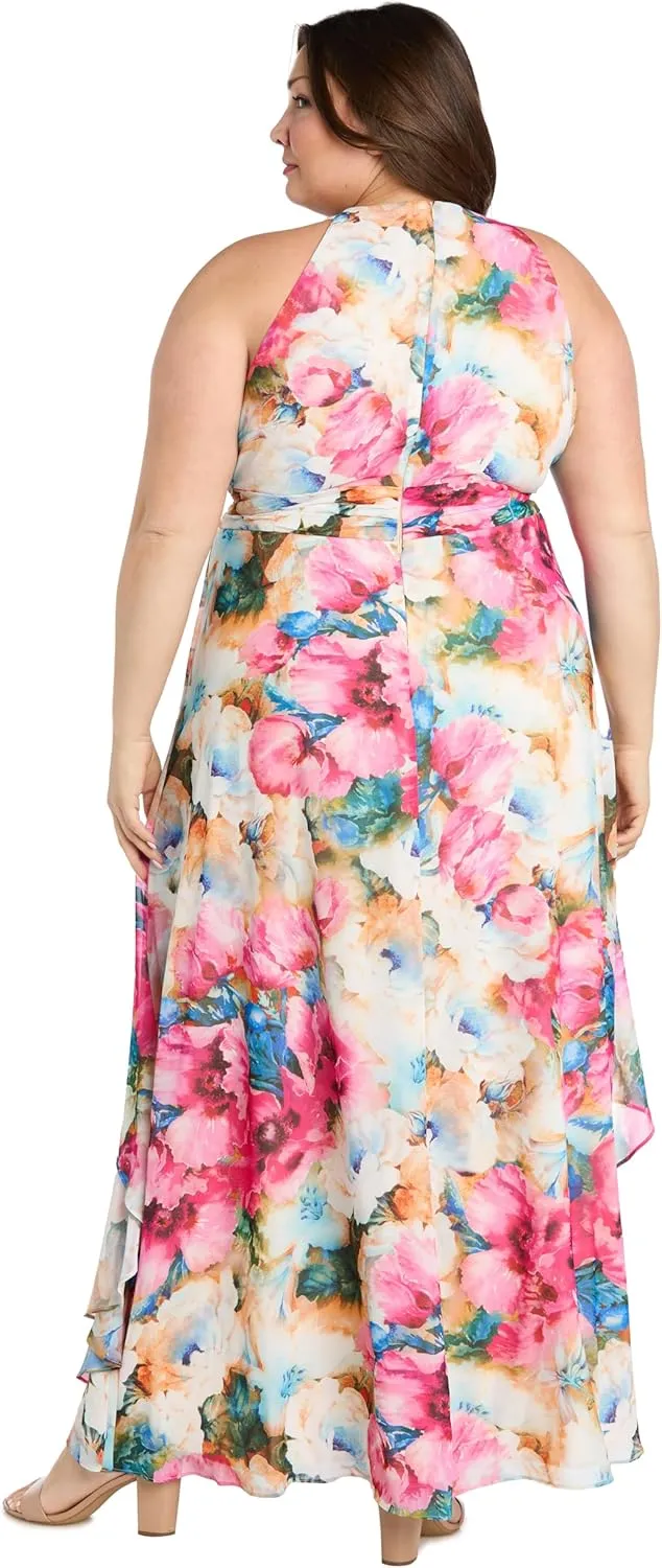 Flowing Watercolor Floral Halter Maxi Dress W/Tiered Ruffle Hem
