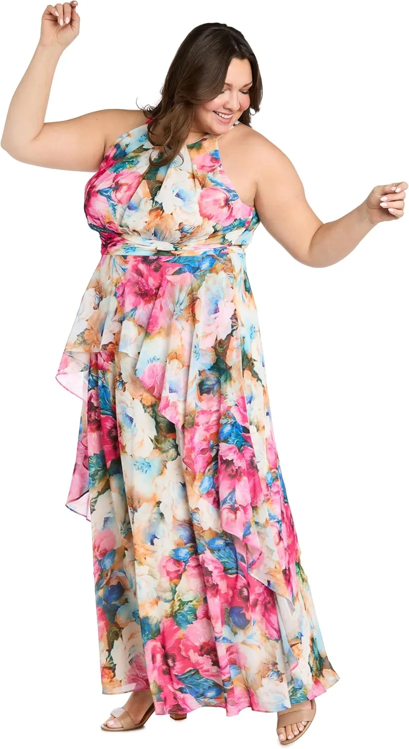 Flowing Watercolor Floral Halter Maxi Dress W/Tiered Ruffle Hem