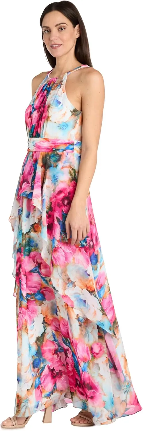Flowing Watercolor Floral Halter Maxi Dress W/Tiered Ruffle Hem