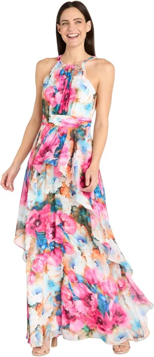 Flowing Watercolor Floral Halter Maxi Dress W/Tiered Ruffle Hem
