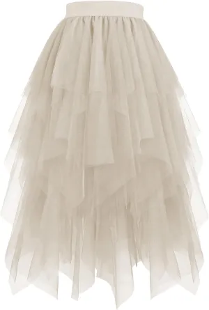 Flowy Skirts for Women Midi Mesh Tutu High Waisted A Line Dance Skirts Puffy Tulle Fairy Skirts Elegant Party Skirts