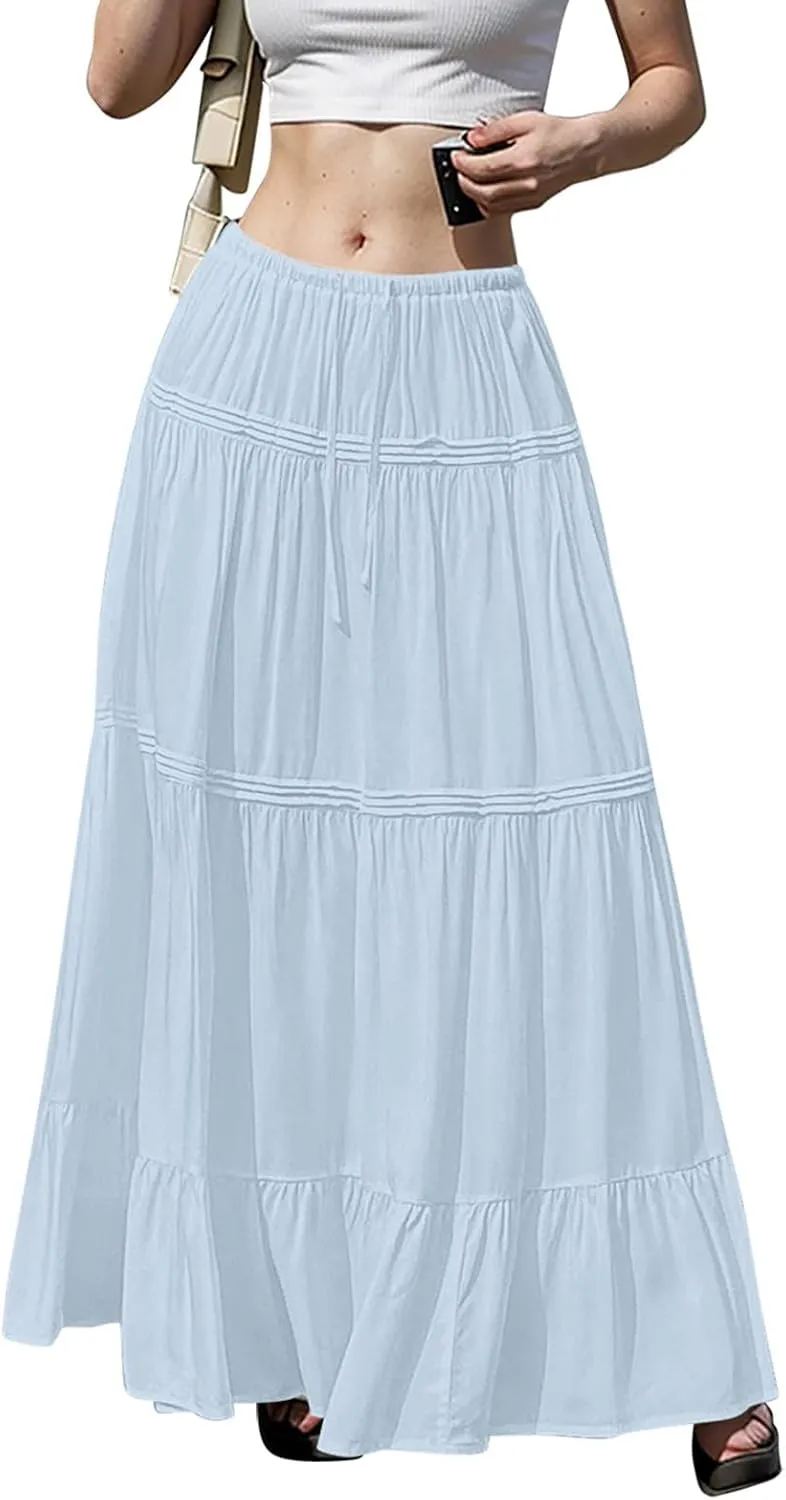 Flowy Tiered Maxi Skirts for Women Trendy Summer Boho Long Skirts Elastic Drawstring Waist Pleated Swing A Line Skirt