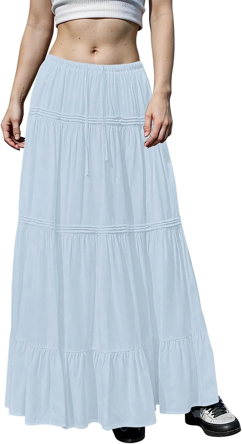 Flowy Tiered Maxi Skirts for Women Trendy Summer Boho Long Skirts Elastic Drawstring Waist Pleated Swing A Line Skirt