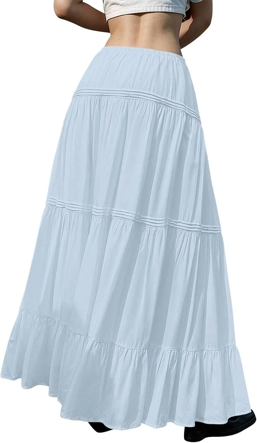 Flowy Tiered Maxi Skirts for Women Trendy Summer Boho Long Skirts Elastic Drawstring Waist Pleated Swing A Line Skirt