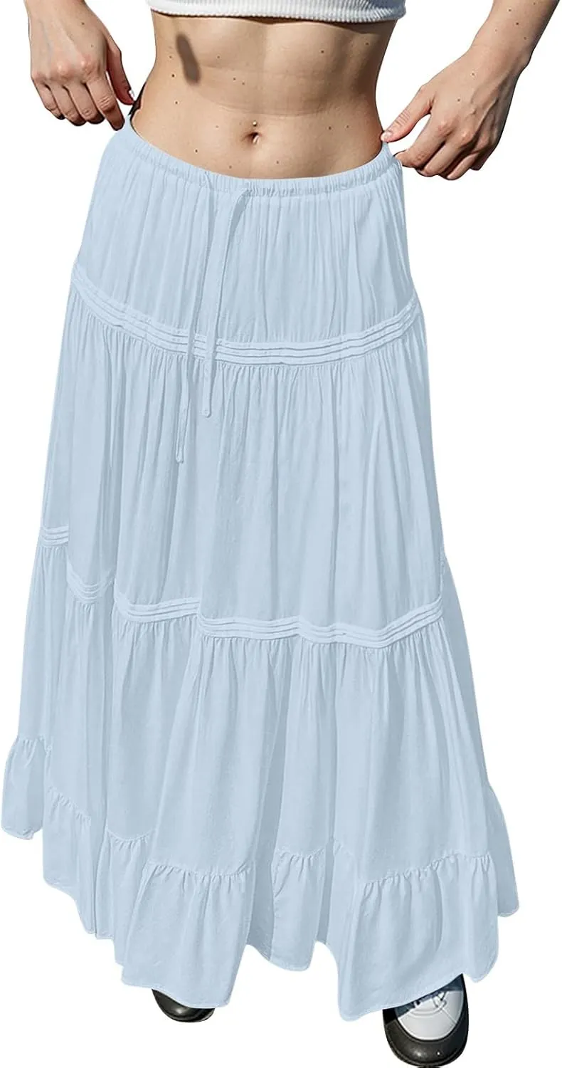 Flowy Tiered Maxi Skirts for Women Trendy Summer Boho Long Skirts Elastic Drawstring Waist Pleated Swing A Line Skirt