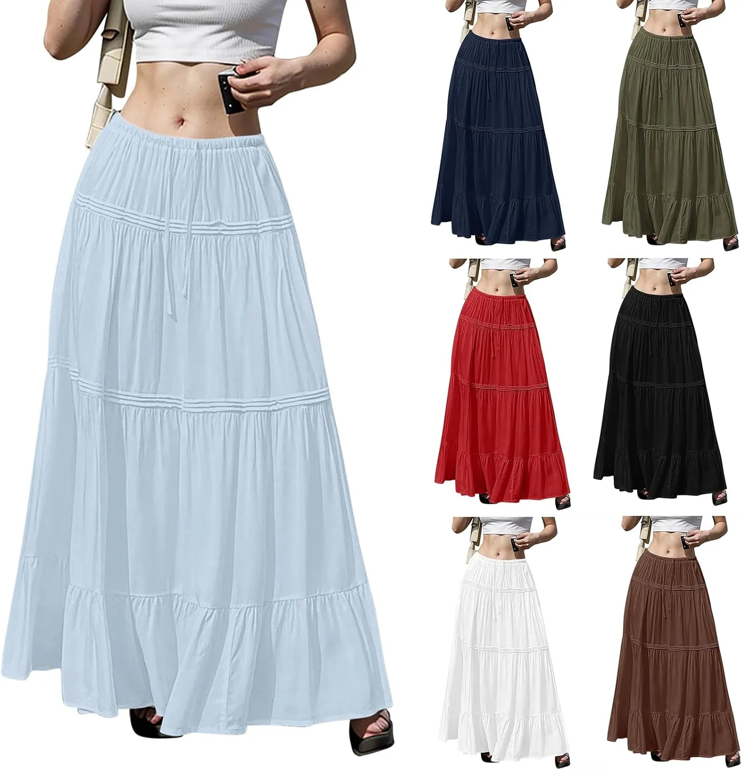 Flowy Tiered Maxi Skirts for Women Trendy Summer Boho Long Skirts Elastic Drawstring Waist Pleated Swing A Line Skirt