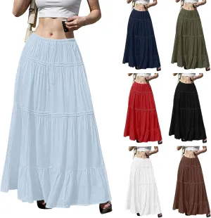 Flowy Tiered Maxi Skirts for Women Trendy Summer Boho Long Skirts Elastic Drawstring Waist Pleated Swing A Line Skirt