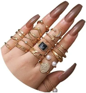 FUTIMELY Knuckle Rings Set for Women, Vintage Stackable Boho Midi Finger Rings,Rhinestone Pearl Rings Stars Moon Ring Pack Trendy Jewelry Gift for Ladies