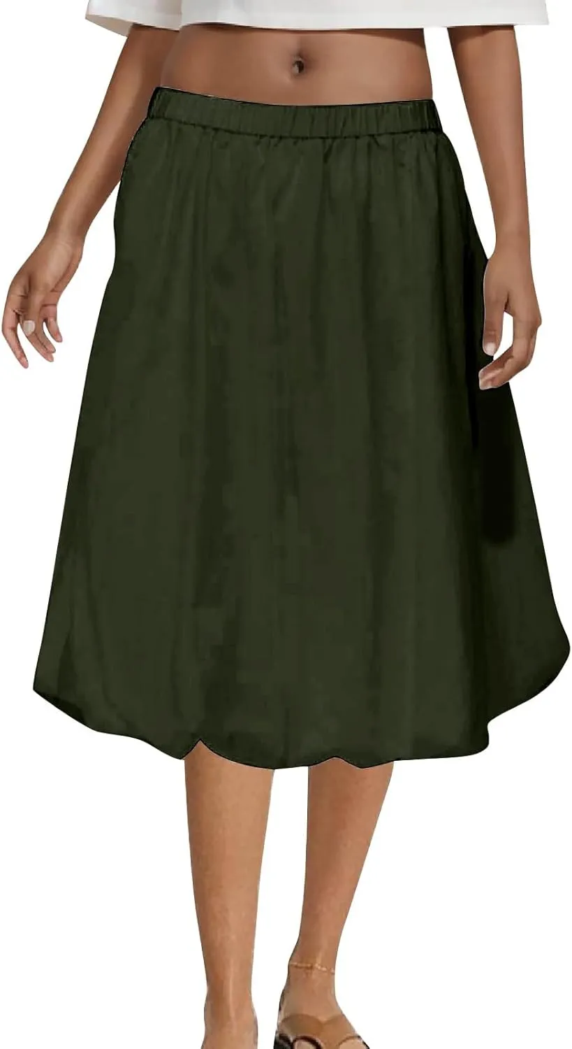 FZYLQY 2025 Women Knee Length Puffy Skirts Elastic Waist Pleated Balloon Midi Skirt Casual Trendy Plain Puff Bubble Skirts