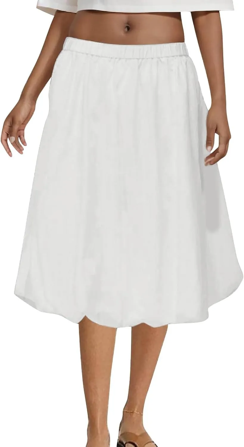 FZYLQY 2025 Women Knee Length Puffy Skirts Elastic Waist Pleated Balloon Midi Skirt Casual Trendy Plain Puff Bubble Skirts