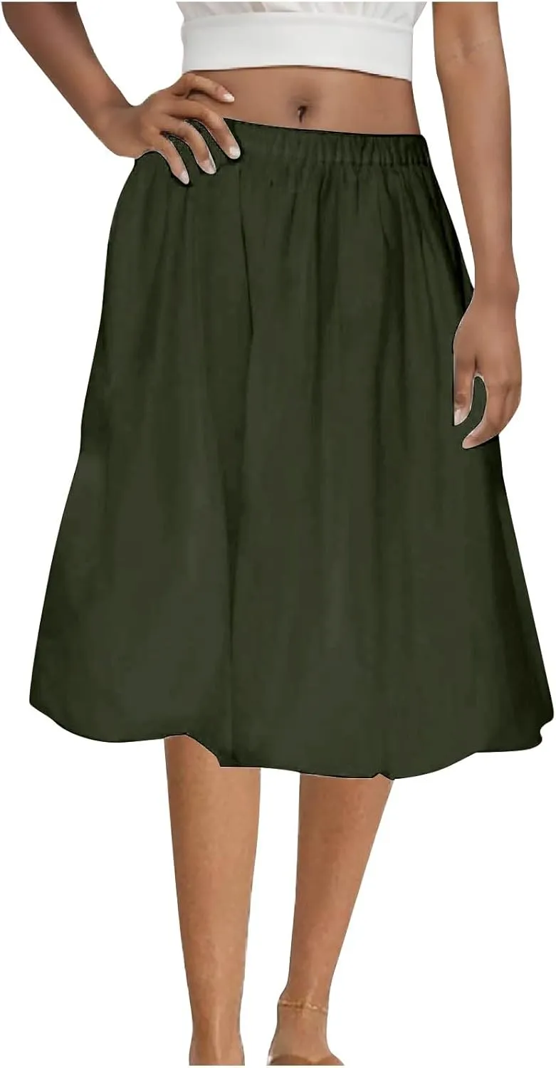 FZYLQY 2025 Women Knee Length Puffy Skirts Elastic Waist Pleated Balloon Midi Skirt Casual Trendy Plain Puff Bubble Skirts