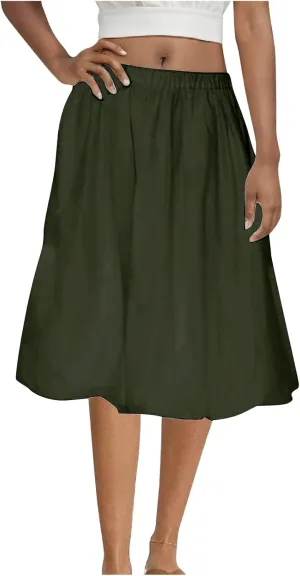 FZYLQY 2025 Women Knee Length Puffy Skirts Elastic Waist Pleated Balloon Midi Skirt Casual Trendy Plain Puff Bubble Skirts