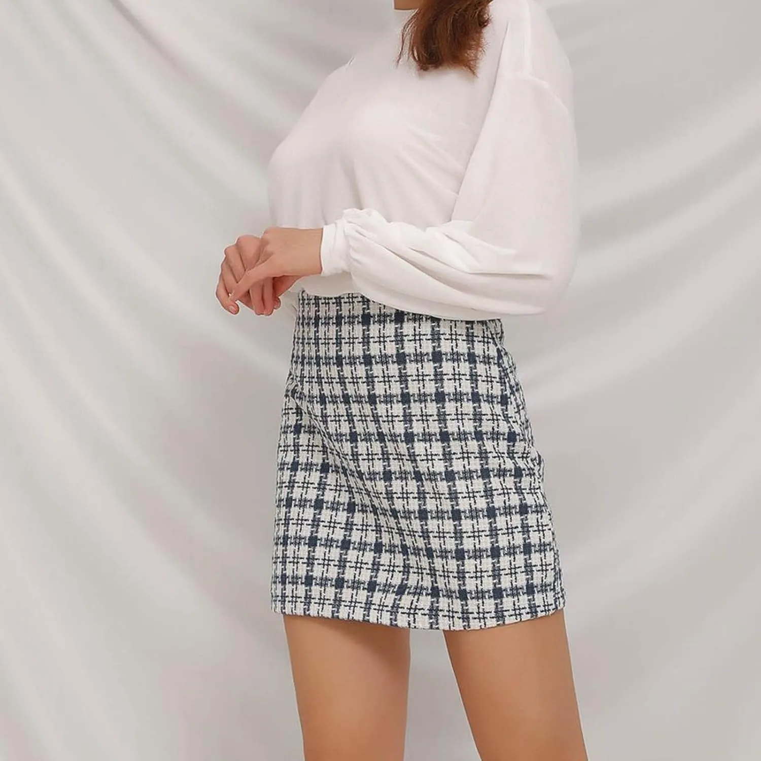 FZYLQY Women's High Waisted Houndstooth Skirts Colorblock Trendy Tight Warp Skirts Spring Summer Tweed Casual Short Skirt