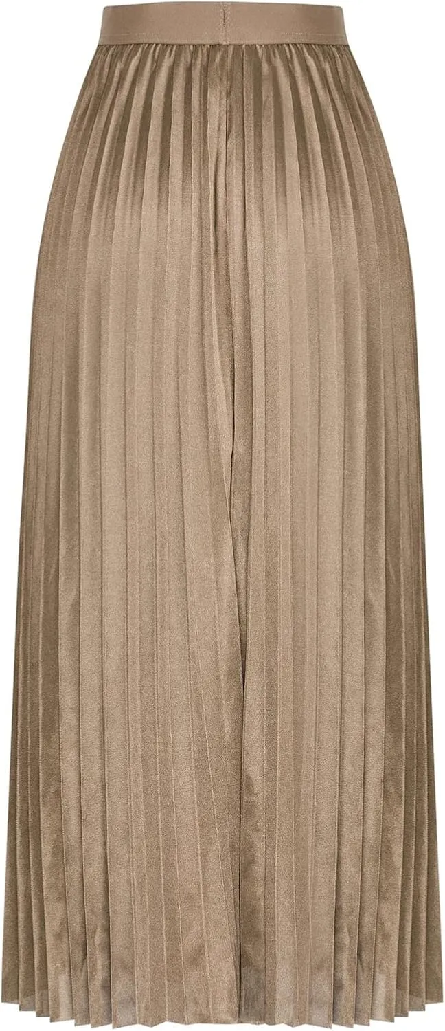FZYLQY Women's Satin Metallic Pleated Skirts Elastic High Waist Flare Casual Long Swing A-Line Skirt Shiny Flowy Midi Skirt