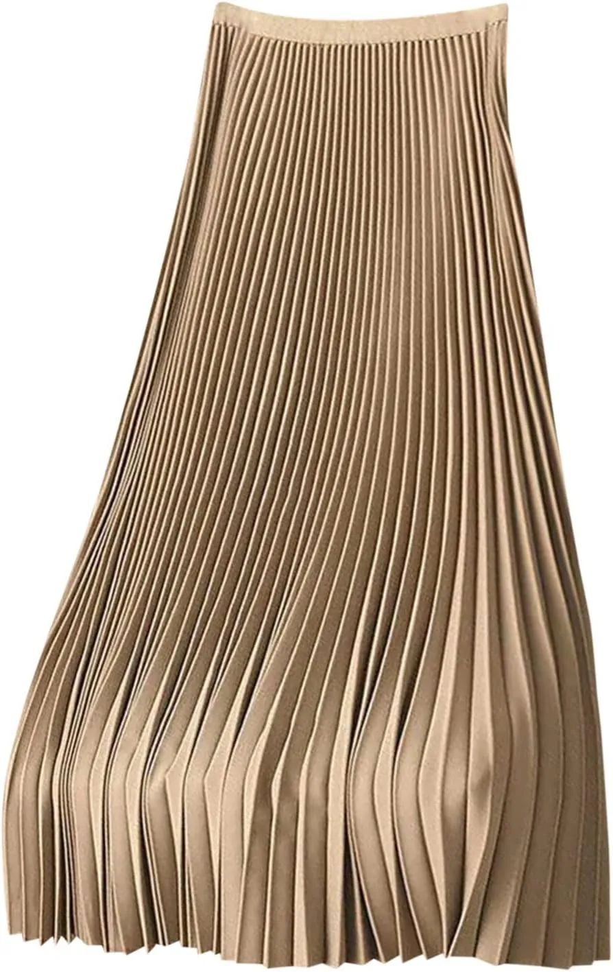 FZYLQY Women's Satin Metallic Pleated Skirts Elastic High Waist Flare Casual Long Swing A-Line Skirt Shiny Flowy Midi Skirt