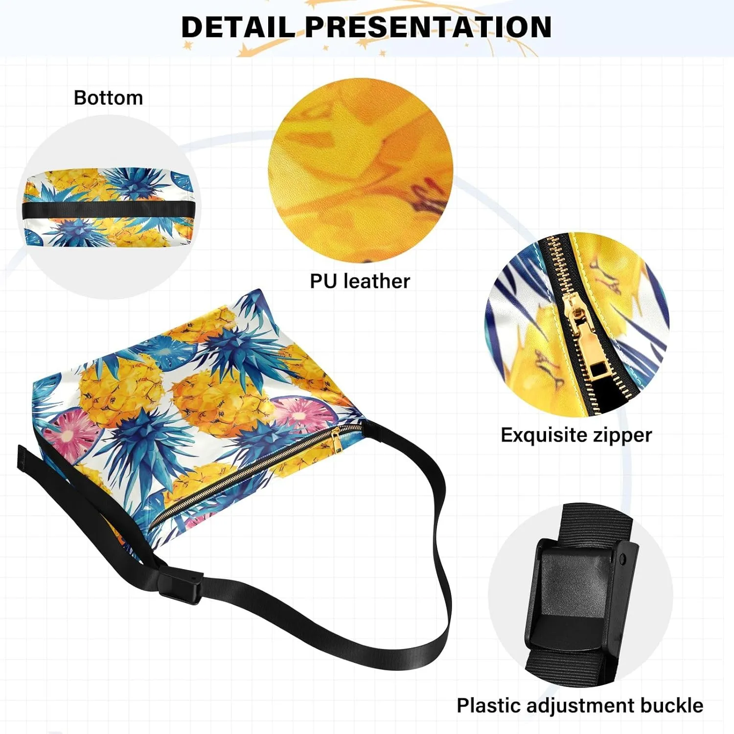 GAIGEO Pineapple Womens Shoulder Bags Crossbody, Vegan Crossbody Bag, Wide Strap Crossbody Bag