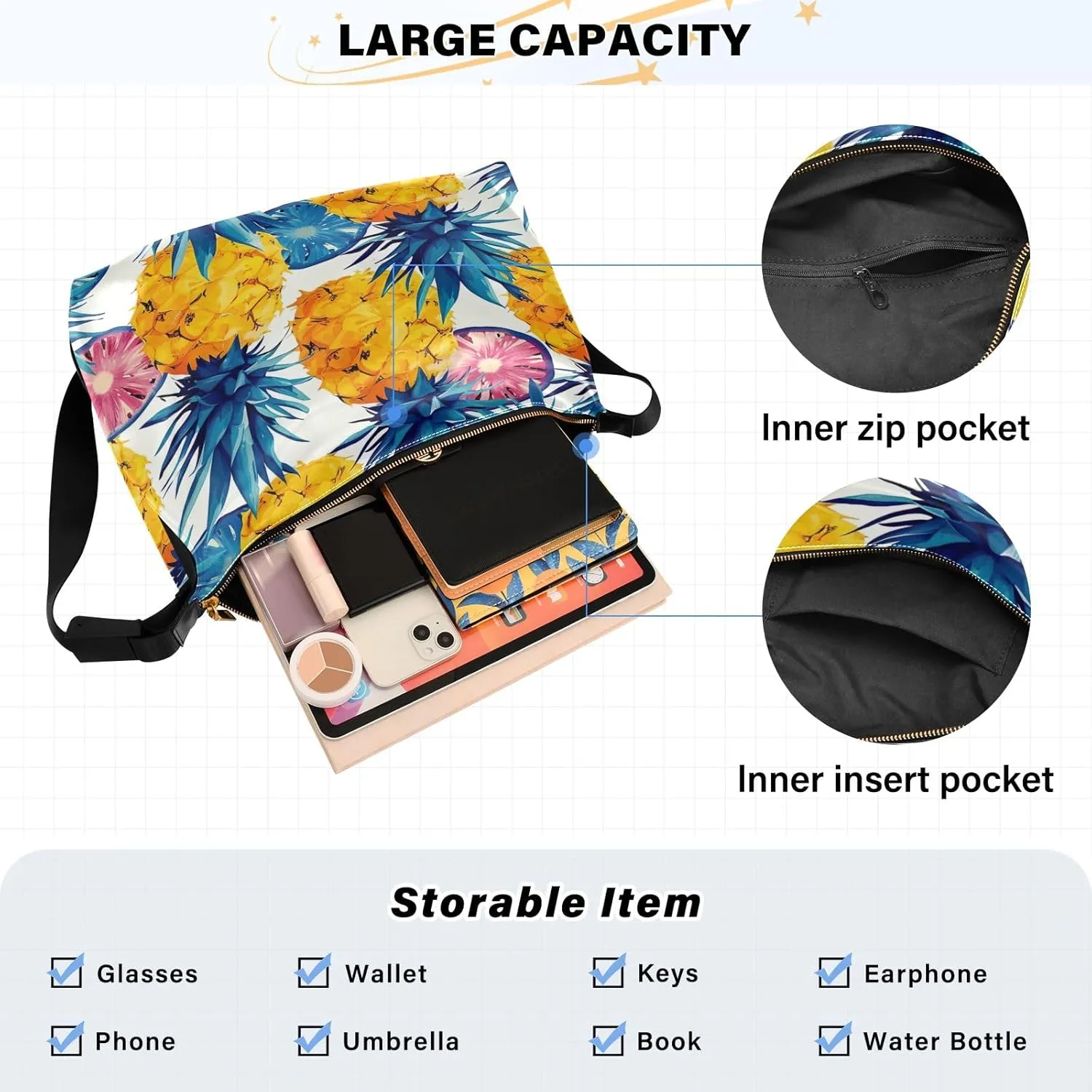GAIGEO Pineapple Womens Shoulder Bags Crossbody, Vegan Crossbody Bag, Wide Strap Crossbody Bag