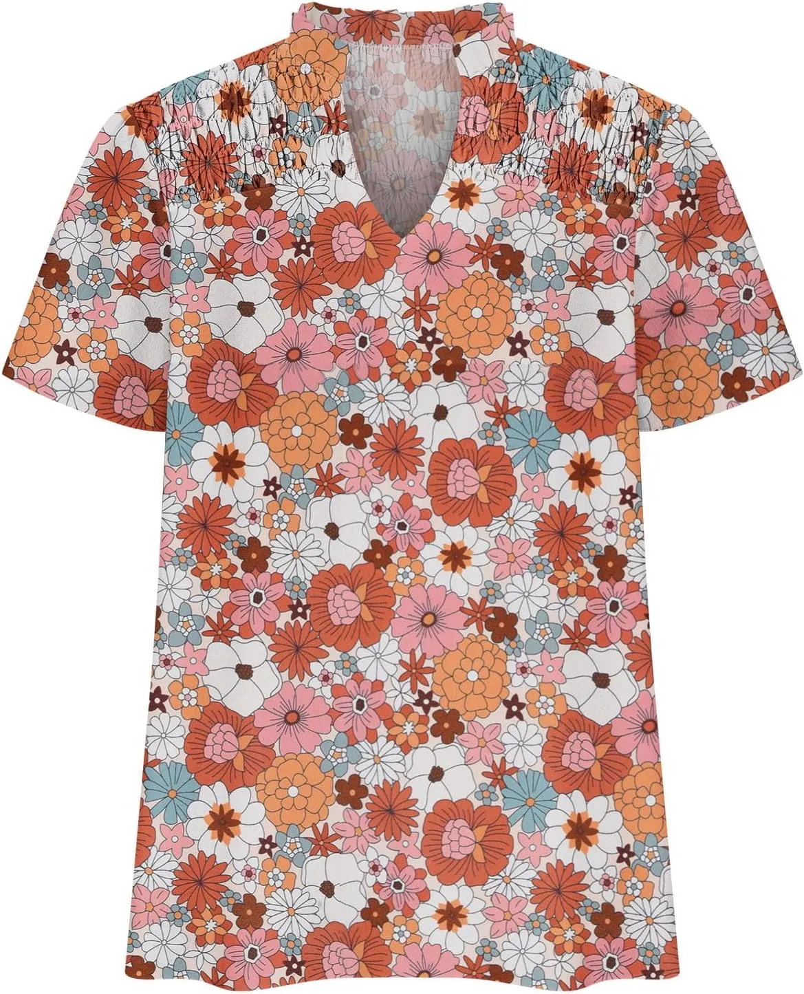 Generic 2024 Boho Floral Tops Womens Tops Summer Casual V Neck Short Sleeve Shirts Dressy Elegant Flowy Ruched Blouses Trendy