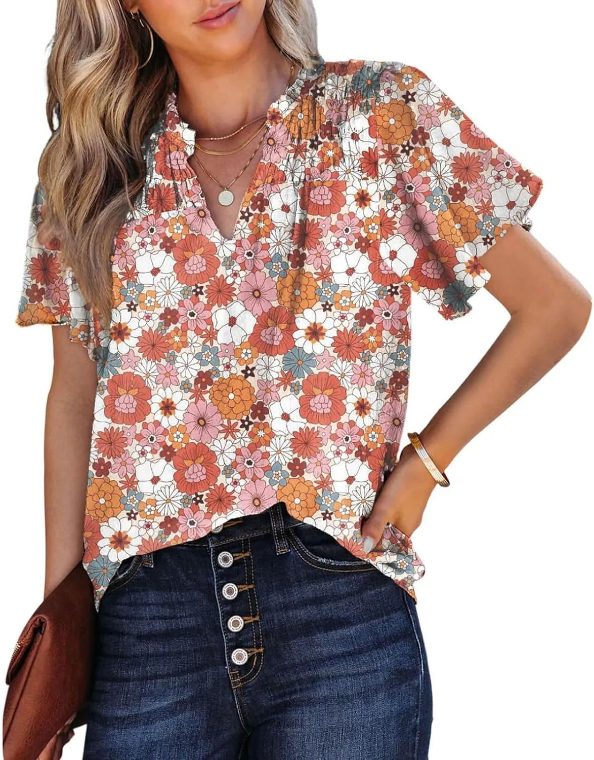Generic 2024 Boho Floral Tops Womens Tops Summer Casual V Neck Short Sleeve Shirts Dressy Elegant Flowy Ruched Blouses Trendy