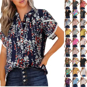 Generic 2024 Boho Floral Tops Womens Tops Summer Casual V Neck Short Sleeve Shirts Dressy Elegant Flowy Ruched Blouses Trendy