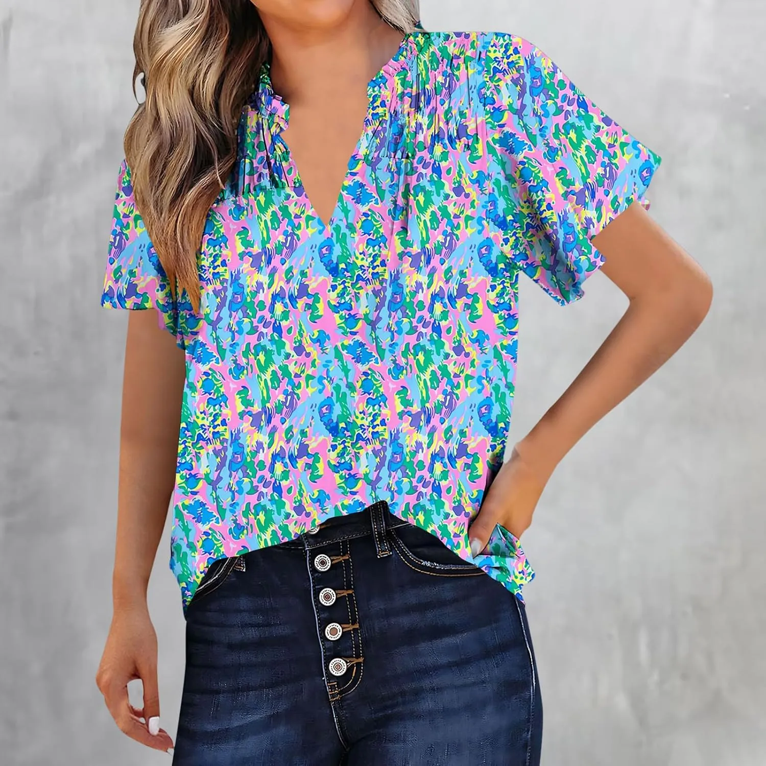 Generic 2024 Boho Floral Tops Womens Tops Summer Casual V Neck Short Sleeve Shirts Dressy Elegant Flowy Ruched Blouses Trendy