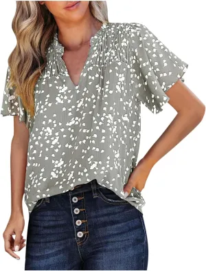 Generic 2024 Boho Floral Tops Womens Tops Summer Casual V Neck Short Sleeve Shirts Dressy Elegant Flowy Ruched Blouses Trendy