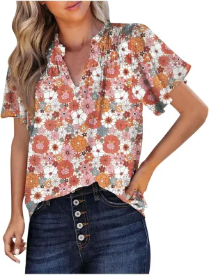 Generic 2024 Boho Floral Tops Womens Tops Summer Casual V Neck Short Sleeve Shirts Dressy Elegant Flowy Ruched Blouses Trendy
