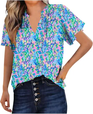 Generic 2024 Boho Floral Tops Womens Tops Summer Casual V Neck Short Sleeve Shirts Dressy Elegant Flowy Ruched Blouses Trendy