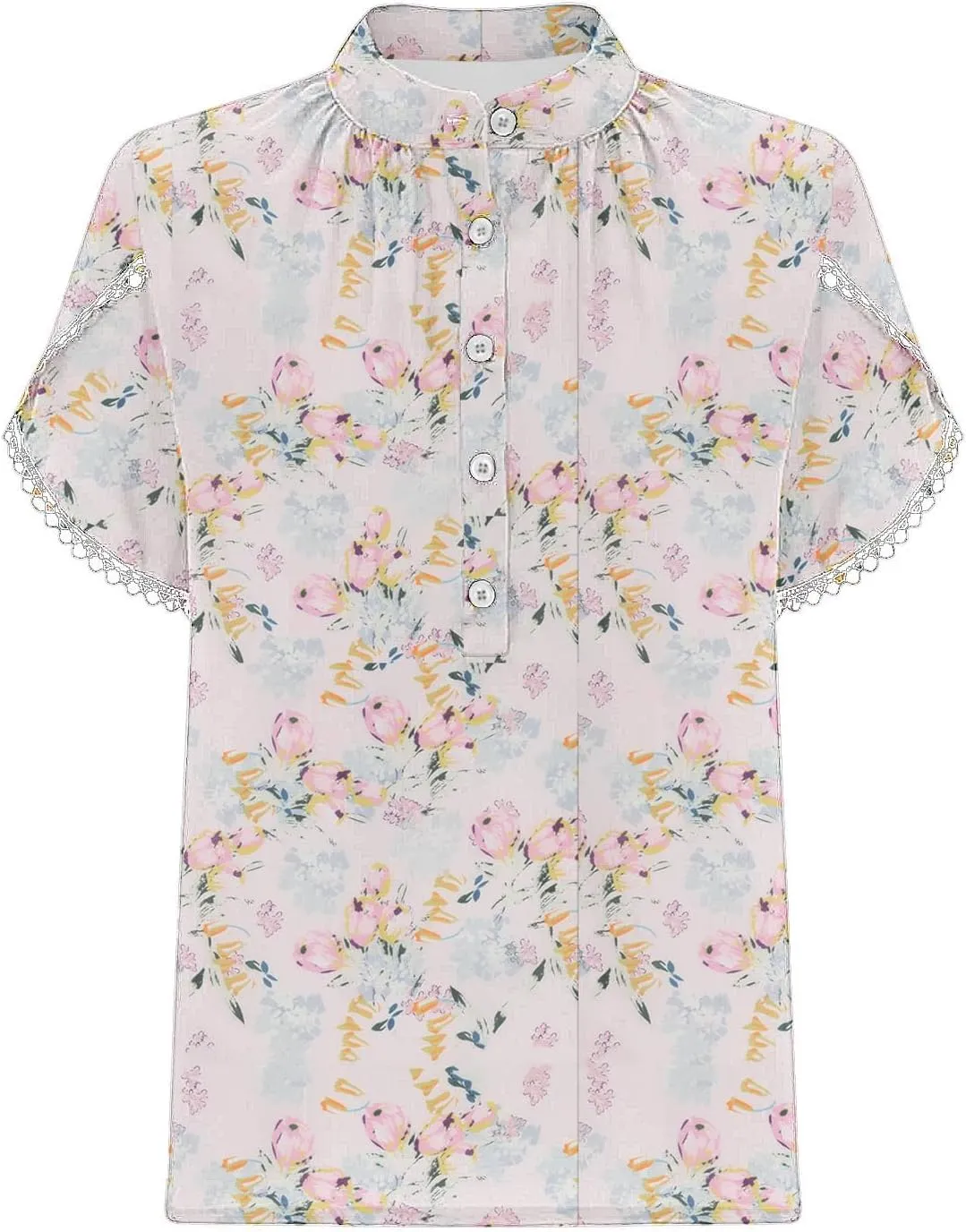 Generic 2024 Boho Floral Tops Womens Tops Summer Casual V Neck Short Sleeve Shirts Dressy Elegant Flowy Ruched Blouses Trendy