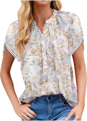 Generic 2024 Boho Floral Tops Womens Tops Summer Casual V Neck Short Sleeve Shirts Dressy Elegant Flowy Ruched Blouses Trendy