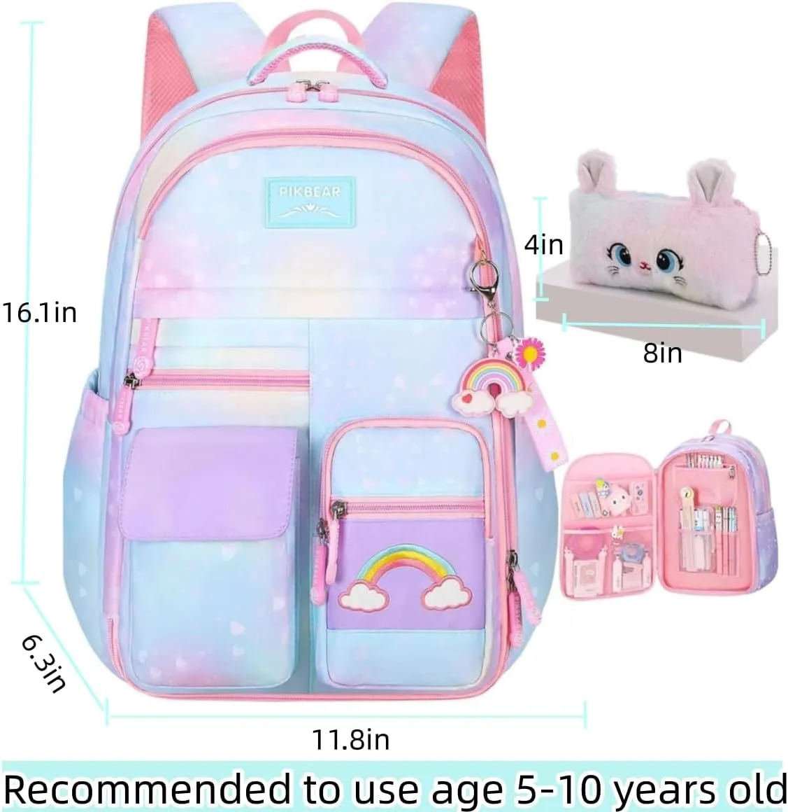 Girls Backpack, School Backpacks Rainbow Student Backpa,Kawaii Kids Backpack,Book Bag for Elementary Primary School