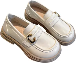 Girl's Platform Loafers Slip On Chunky Heel Leather Flat Round Toe School niform Dress Shoes with Metal Buckle
